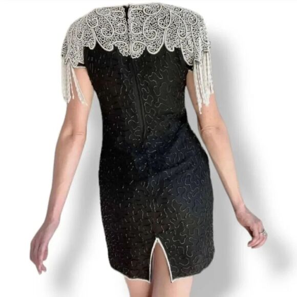 NEW 80s Vintage Lawrence Kazar 100% Silk Beaded and Pearls Evening Gown in Black - Picture 5 of 14